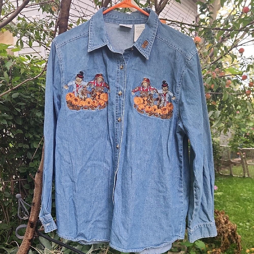 Bobbie Brooks, Fall, Halloween embroided Pumpkin and scarecrow Button-up Sz L